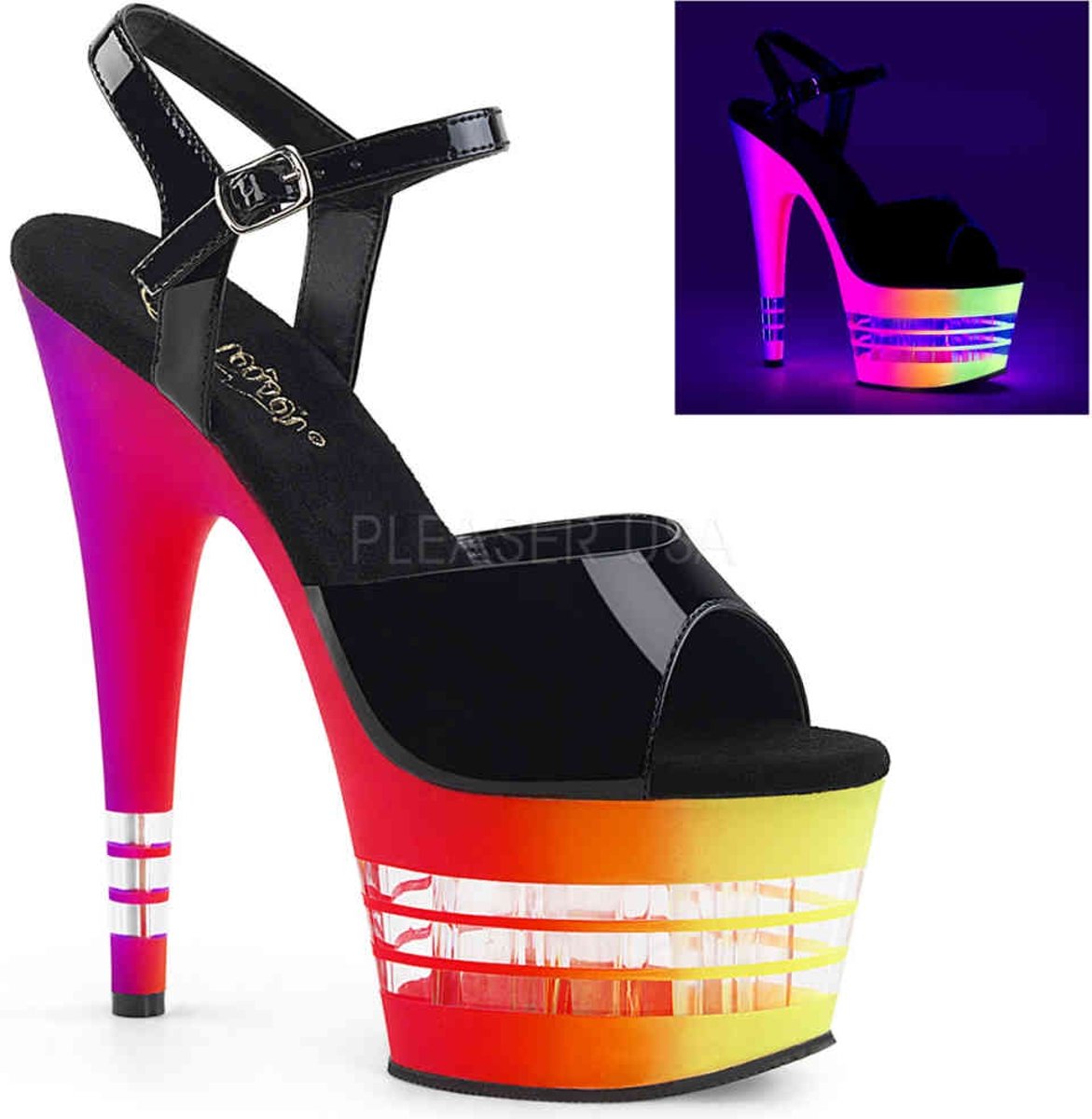 EU 37 = US 7 | ADORE-709UVLN | 7 Heel, 2 3/4 UV Reactive Lined PF Ankle Strap Sandal